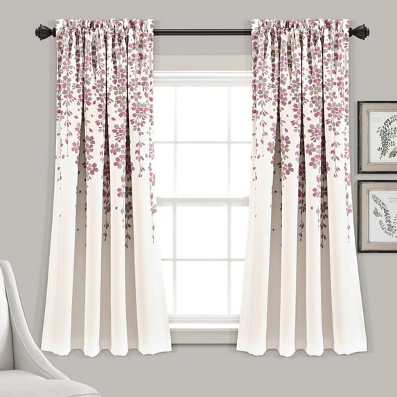 Lush Decor Weeping Flower Bright Colorful Floral Print 3" Rod Pocket Room Darkening Window Curtain Panel, Purple/Gray, 63"L x 52"W + 2" Header, Set of 2