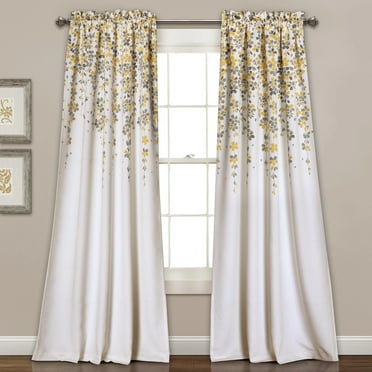 Lush Decor Weeping Flower Bright Colorful Floral Print 3" Rod Pocket Room Darkening Window Curtain Panel, Yellow/Gray, 84"L x 52"W + 2" Header, Set of 2