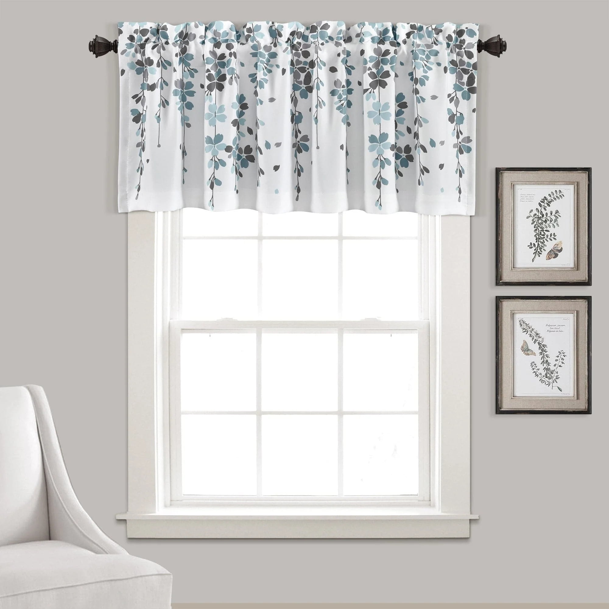 Blue and Gray Floral Light Filtering Window Valance
