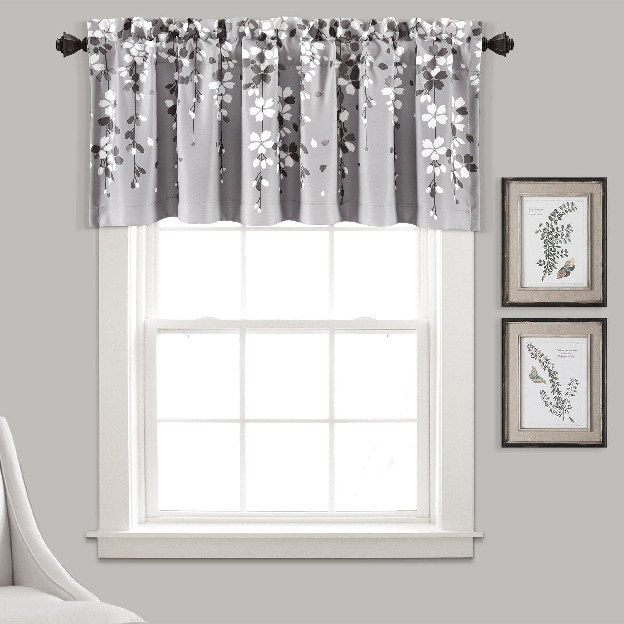 Lush Decor Weeping Flower Light Filtering Valance | 52" W X 18" L + 2" Header | Yellow & Gray Floral Valance For Kitchen, Bathroom, Farmhouse & Cottage Decor