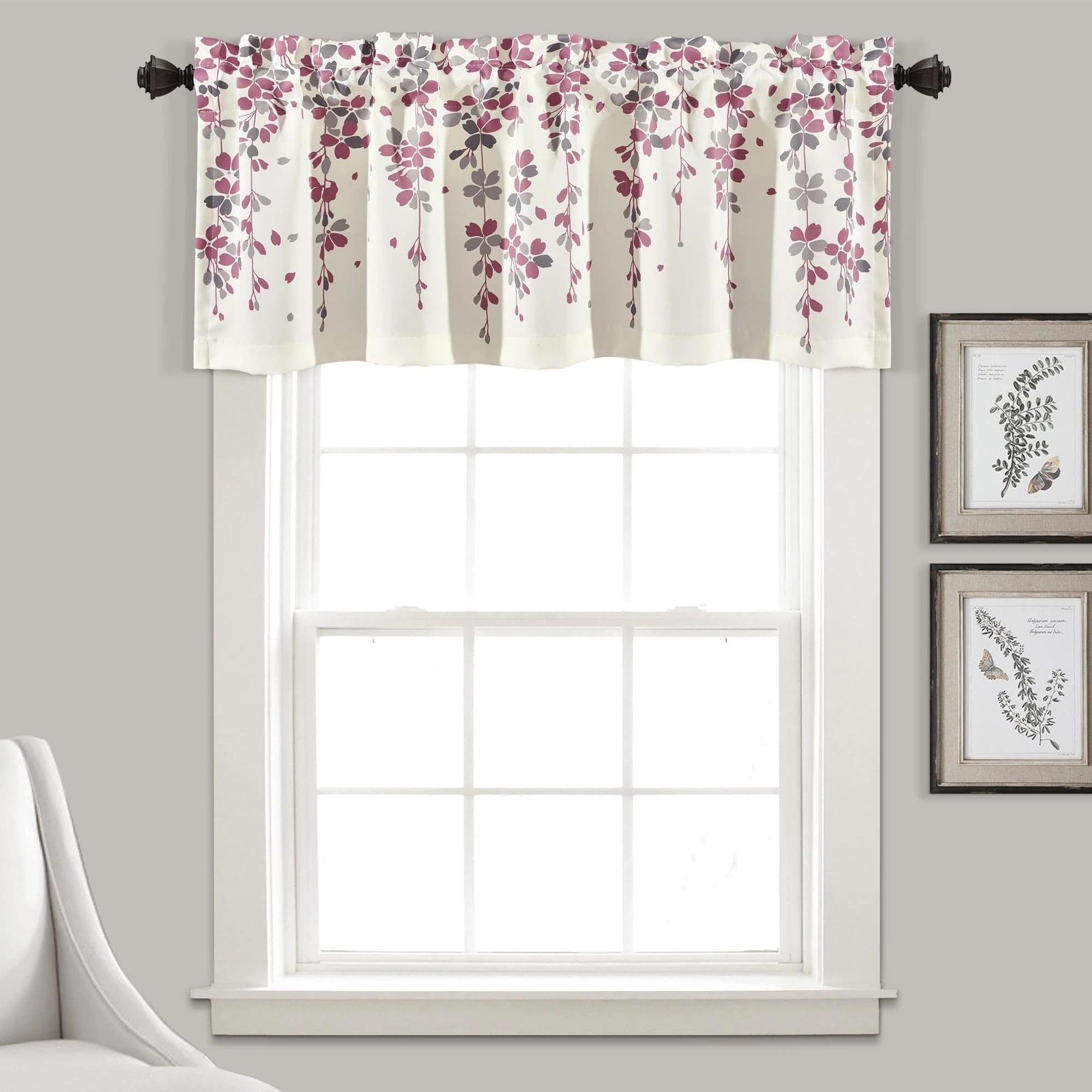Purple and Gray Floral Rod Pocket Window Valance