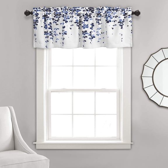 Lush Decor Weeping Flower Room Darkening Valance Curtain 52" W x 18" L + 2" Header White & Navy - Valances for Windows - Floral Kitchen Curtains