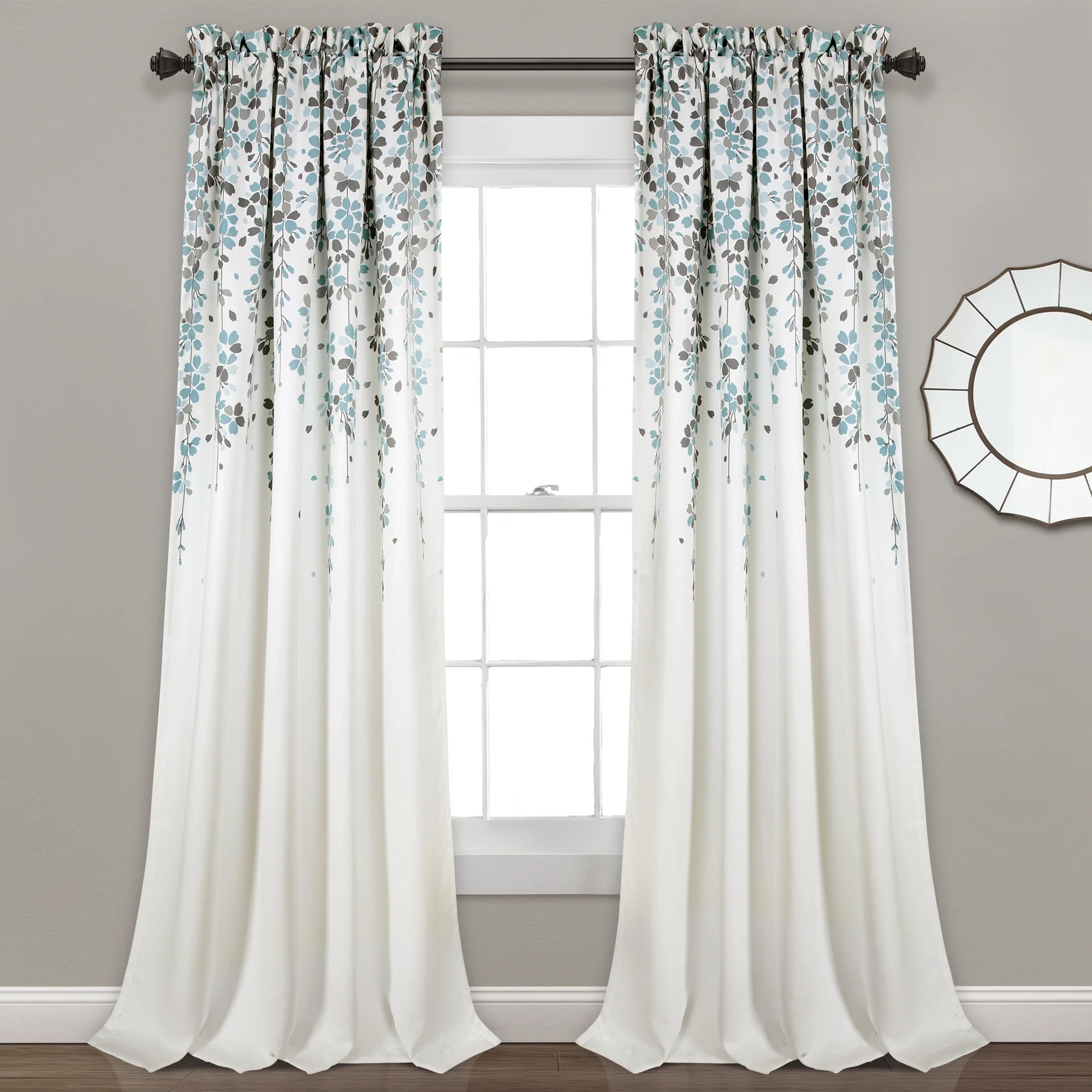 Blue Gray Floral Blackout Polyester Rod Pocket Window Panels