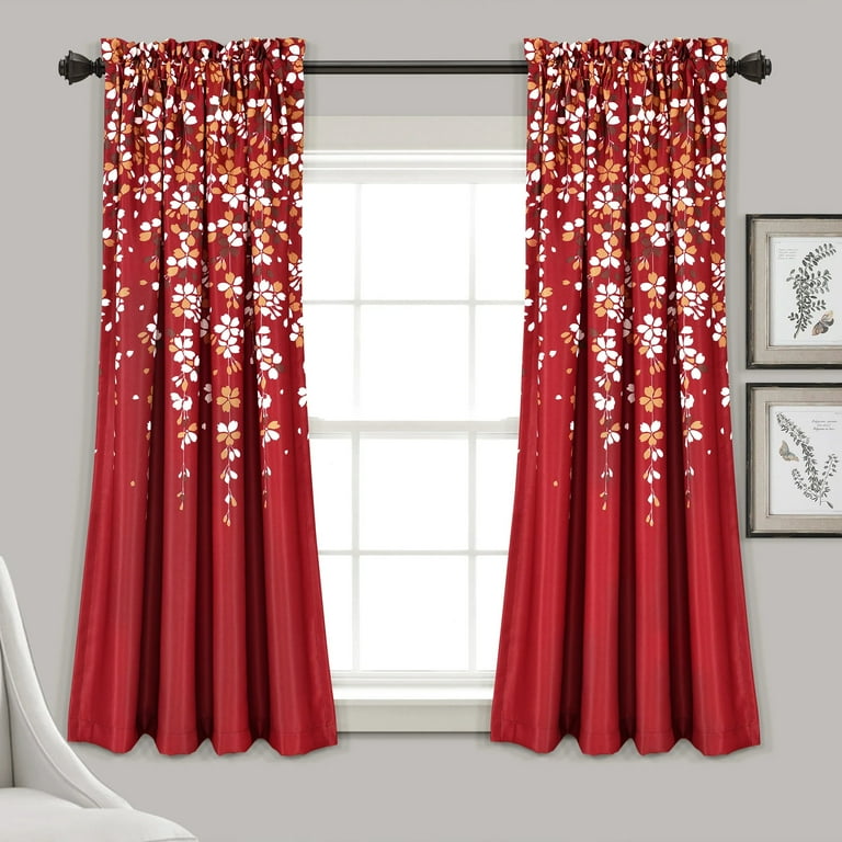 Set of 2 (84x52) Floral Watercolor Light Filtering Window Curtain Panels  Navy - Lush Décor