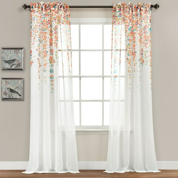 Lush Decor Weeping Flower Sheer Rod Pocket Window Panel, 84" x 38" + 2" Header, Turquoise/Tangerine, Pair