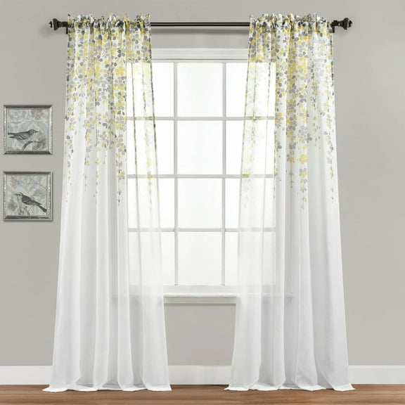 Lush Decor Weeping Flower Sheer Rod Pocket Window Panel, 84" x 38" + 2" Header, Yellow/Gray, Pair