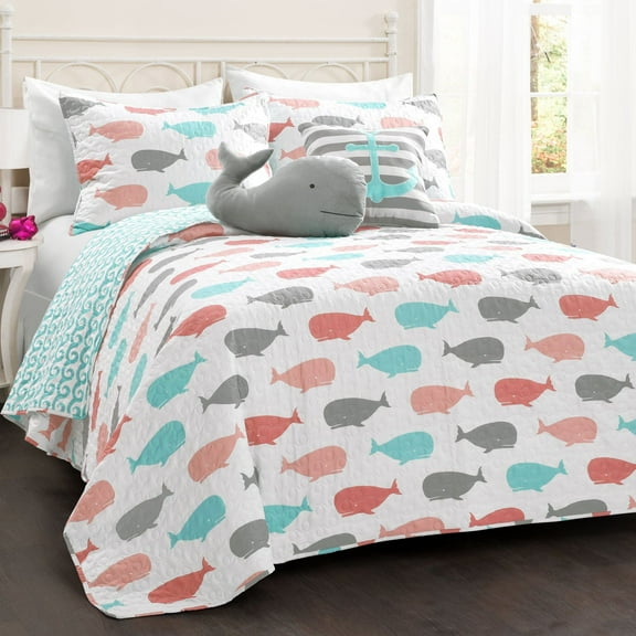 Lush Decor Whale Kids Animal Print Polyester Reversible Quilt, Full/Queen, Pink/Aqua, 5-Pc Set