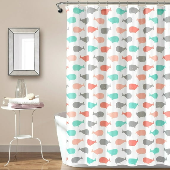 Lush Decor Whale Kids Animal Print Polyester Shower Curtain, 72x72, Pink/Aqua, Single