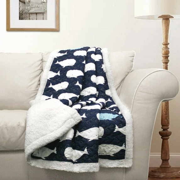 Lush Decor Whale Kids Animal Print Sherpa Reverse Throw, 60" x 50", Navy, Single
