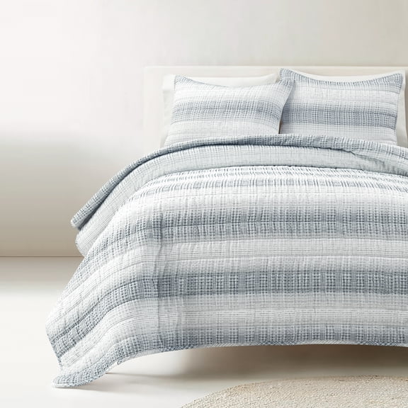 Lush Decor Yarn Dyed Textured Stripe Waffle Quilt Set, 3 Piece Set, Full/ Queen, Navy & White - Soft Waffle Bedding Set - Blue Quilt - Waffle Blanket - Minimalist, Modern & Farmhouse Bedroom Decor