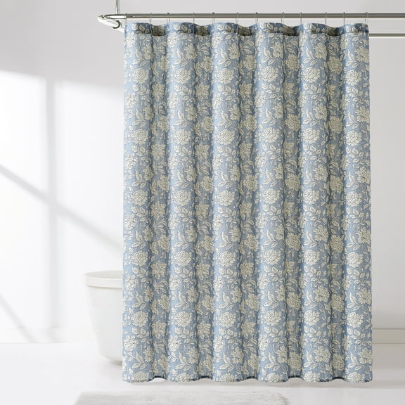 Lush Decor Zara Floral Block Linen Textured Shower Curtain Single 72" W x 72" L Blue - Floral Bath Curtain - Vintage Decor