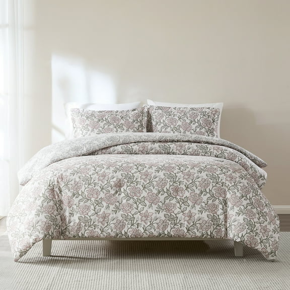 Lush Decor Zara Floral Block Reversible Comforter 3 Piece Set Full/ Queen Misty Rose - Floral Comforter - Block Print Bedding Set - Vintage Boho Decor