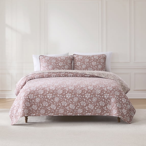 Lush Decor Zara Floral Block Reversible Cotton Quilt 3 Piece Set King/ Cal King Terracotta - Floral Bedding Set - Block Print Quilt - Vintage Coquette Decor
