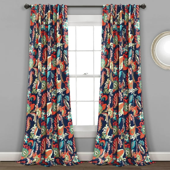 Lush Decor Zara Jacobean Room Darkening 95" x 52" Floral Navy 3" Back Tab Rod Pocket Pair Window Panel