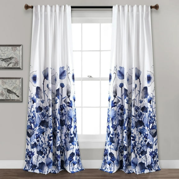 Lush Decor Zuri Flora Room Darkening 84" x 52" Floral Navy 3" Back Tab Rod Pocket Pair Window Panel