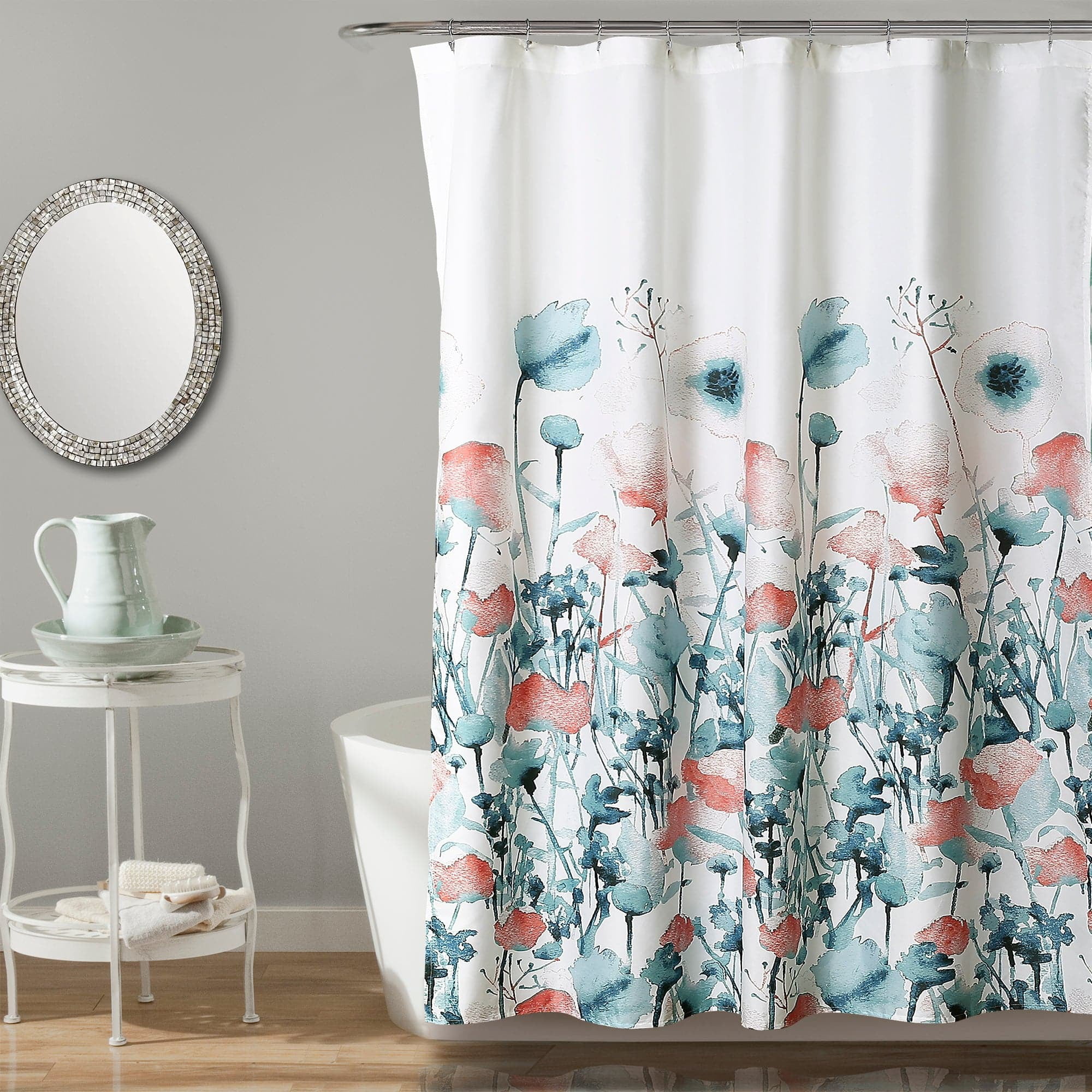 Boho-Chic Blue and Coral Floral Fabric Shower Curtain, 72x72