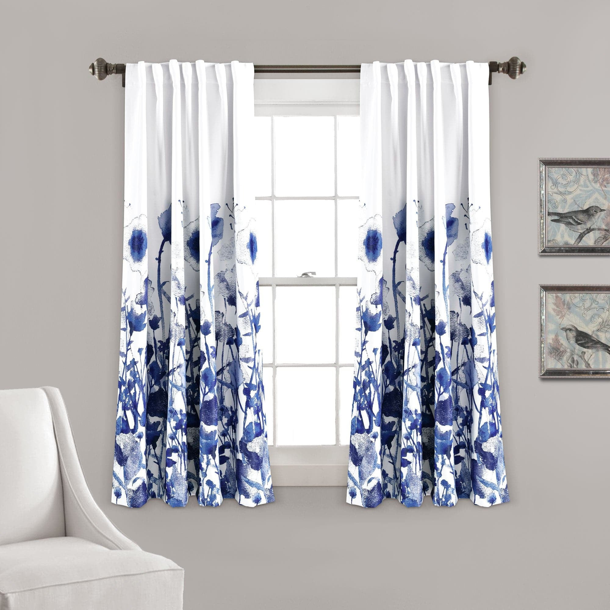Navy Floral Polyester Blackout Window Curtain Panels, 63" x 52"