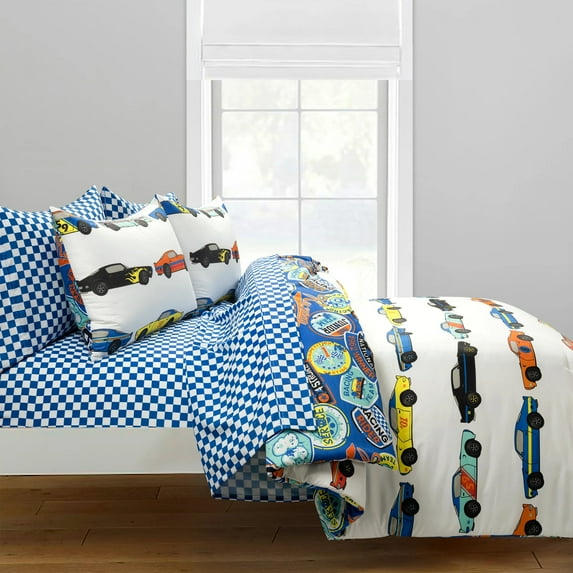 Lush Decorr Race Cars Reversible Oversized With Printed Sheet Set Comforter White/Multi 5Pc Set Twin