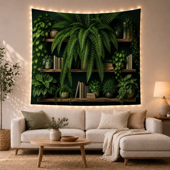 Lush Fern on Wooden Shelves Against Deep Green Wall, Serene Vintage Style for Plant Enthusiasts, Botanical Wall Art Decor, Housewarming Gift Tapestry Wall Hanging for Living Room and Dorm