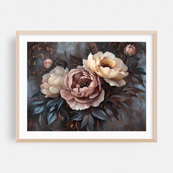 Lush Floral Baroque Symphony - Painting Floral Flowers Botanical Vintage Modern Art Art Deco Pastel Oak Framed Wall Art Print 11 x 14 inches
