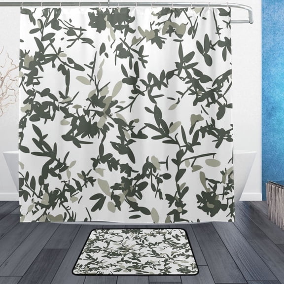 Lush Foliage Pattern Bathroom Accessory Sets Waterproof Shower Curtain with Anti-Slip Bath Mat Durable Combo