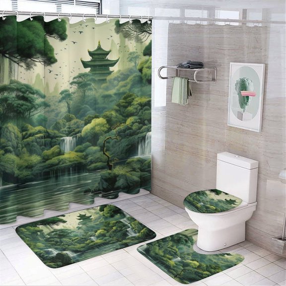 Lush Forest Temple Waterfalls Shower Curtain Set Waterproof Bathroom Toilet Seat Cover Bath Non-slip Mat Rug Carpet Bath Decor
