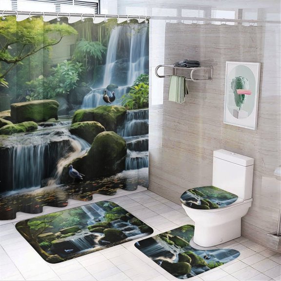 Lush Forest Waterfall Birds_1 Shower Curtain Waterproof Bathroom Curtain Anti-slip Bath Mat Set Toilet Rugs Carpet