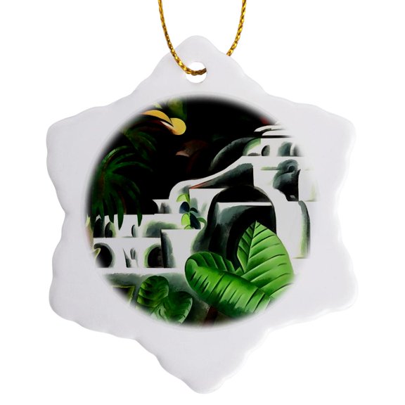 3drose, Lush Forest Waterfall in Geometric Art Style V1, 3 inch Snowflake Porcelain Ornament