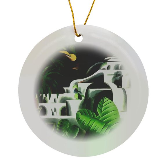 3drose, Lush Forest Waterfall in Geometric Art Style V1, Circle Porcelain Ornament