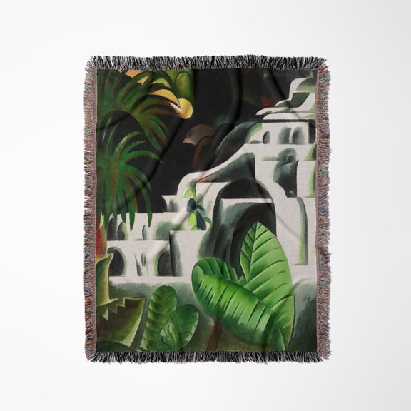 Lush Forest Waterfall In Geometric Art Style V1, Woven Blanket