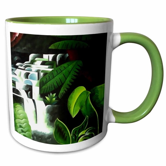 3drose, Lush Forest Waterfall in Geometric Art Style V2, 11oz Two-tone Green Mug