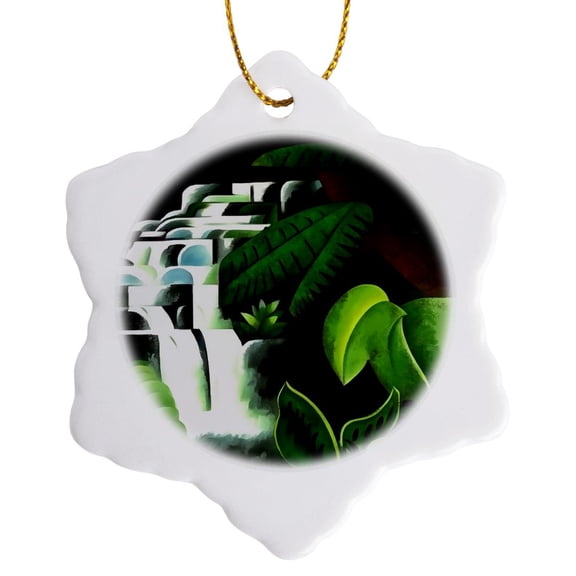 3drose, Lush Forest Waterfall in Geometric Art Style V2, 3 inch Snowflake Porcelain Ornament