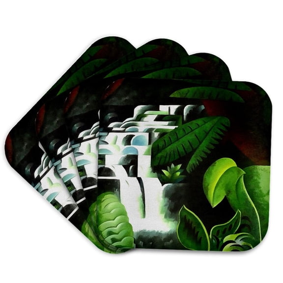 3drose, Lush Forest Waterfall in Geometric Art Style V2, Set of 4 Coasters - Soft