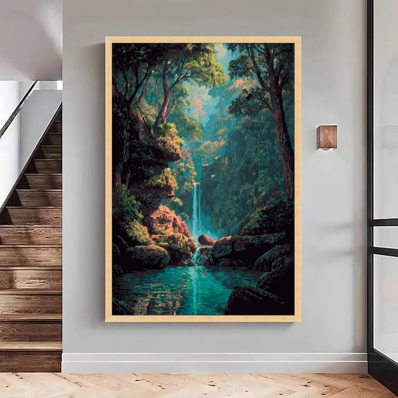 Lush Forest Waterfall, Serene Nature Wall Art, Large, Oversized Poster, Poster Only