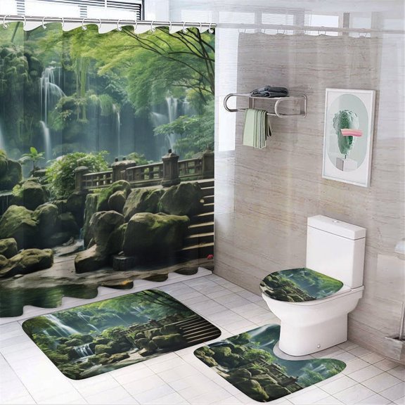Lush Forest Waterfalls_1 Shower Curtain Set 4PCs with Hooks Waterproof Bathroom Toilet Mat Lid Decor