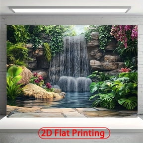 Lush Garden Waterfall Backdrop Green Tropic Leaves Background for Living Room, Bedroom, Office