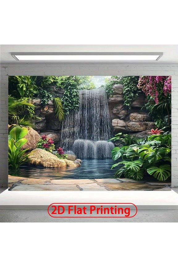 Lush Garden Waterfall Backdrop Green Tropic Leaves Background for Living Room, Bedroom, Office