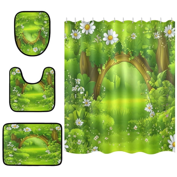 Lush Green Arch Bathroom Accessory Curtain Sets Bath Curtain Anti-Slip Mats and Toilet Pad 66x72in