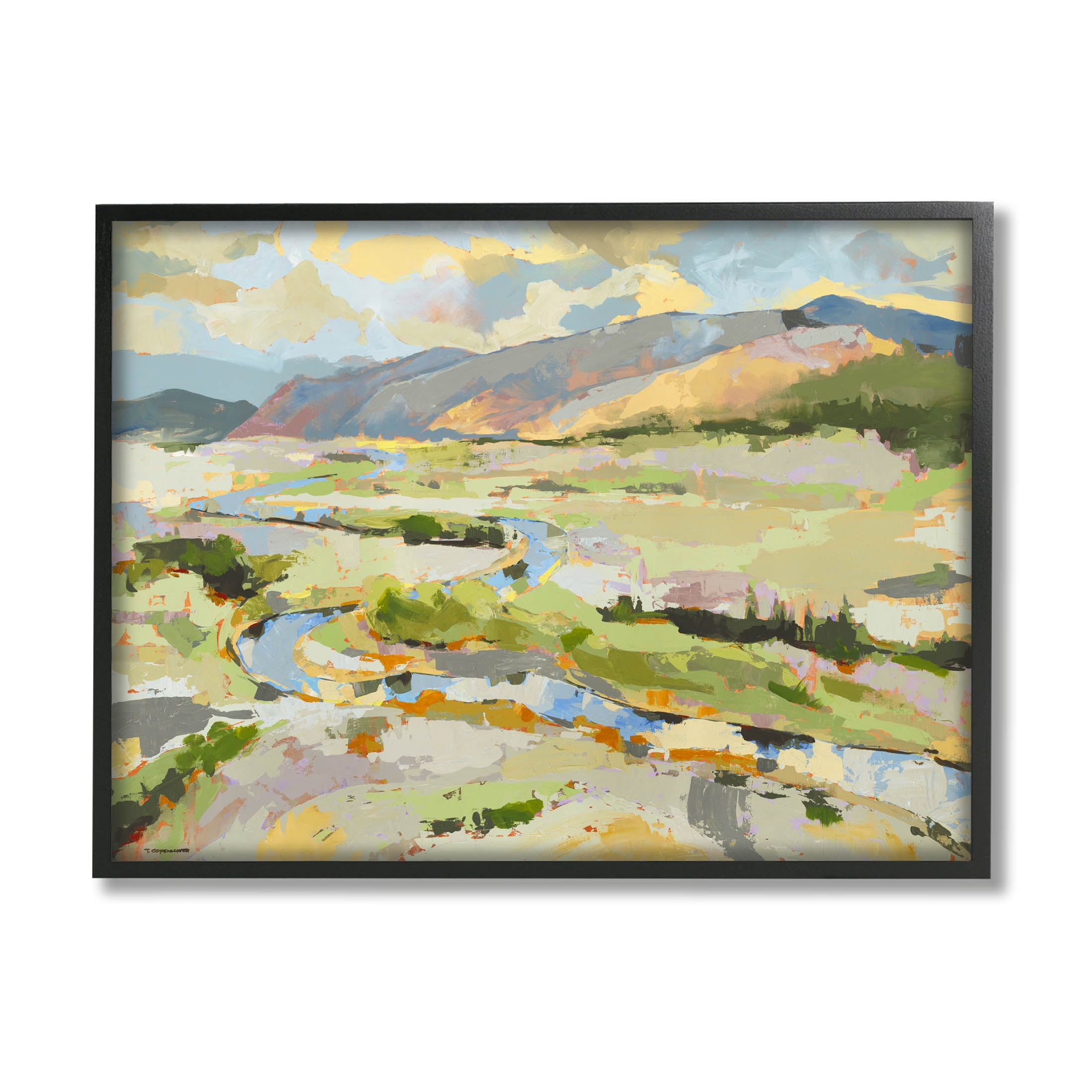 Lush Green Mountain Landscape Abstract Painting Black Framed Art Print Wall Art