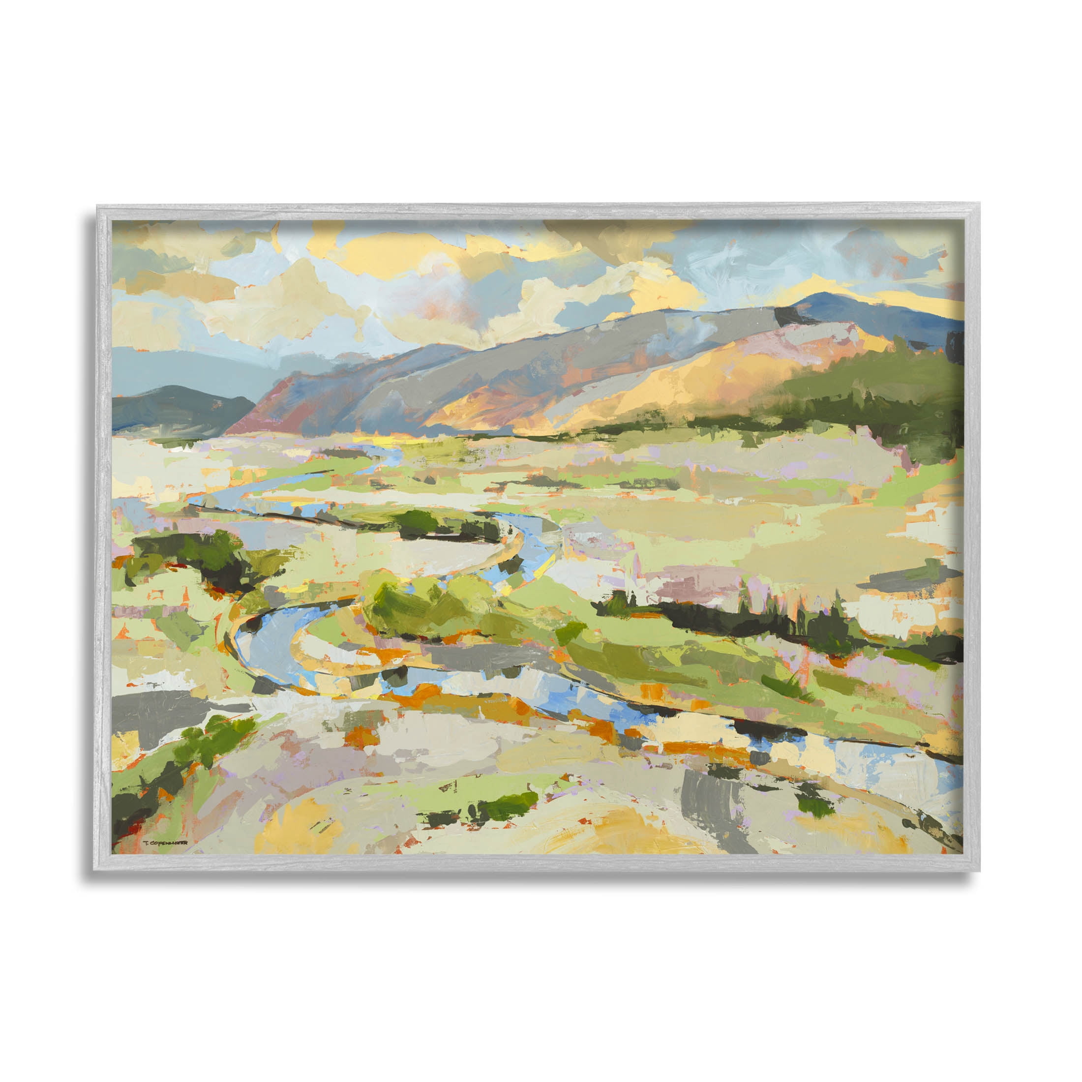 Lush Green Mountain Landscape Abstract Painting Gray Framed Art Print Wall Art