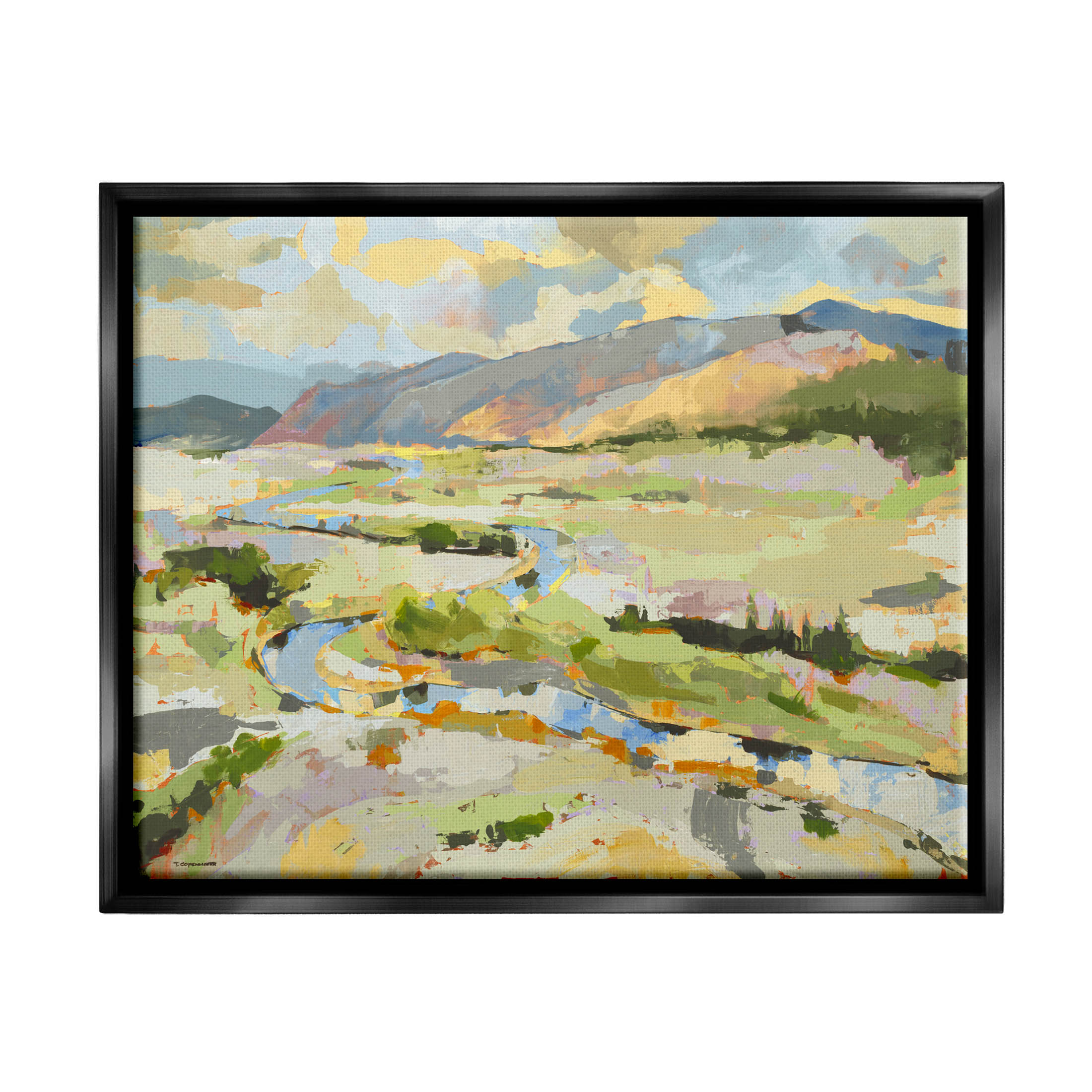 Lush Green Mountain Landscape Abstract Painting Jet Black Framed Art Print Wall Art