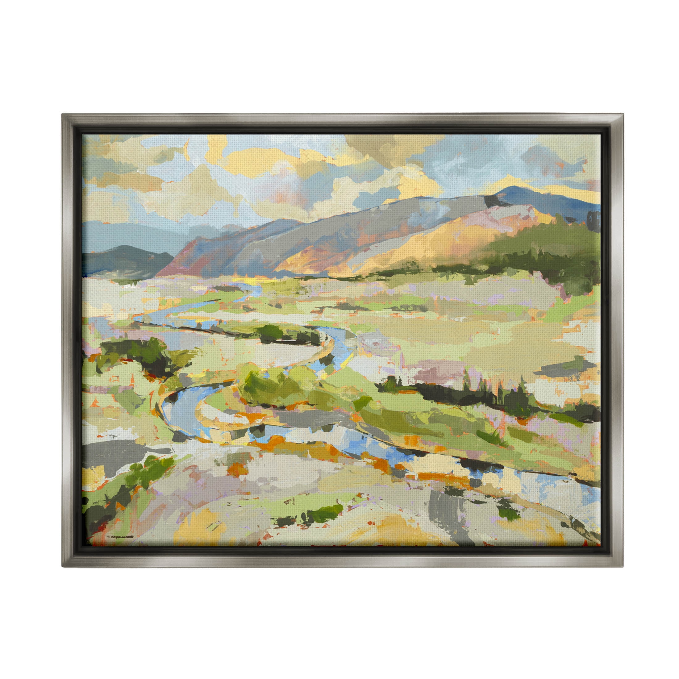 Lush Green Mountain Landscape Abstract Painting Luster Gray Framed Art Print Wall Art