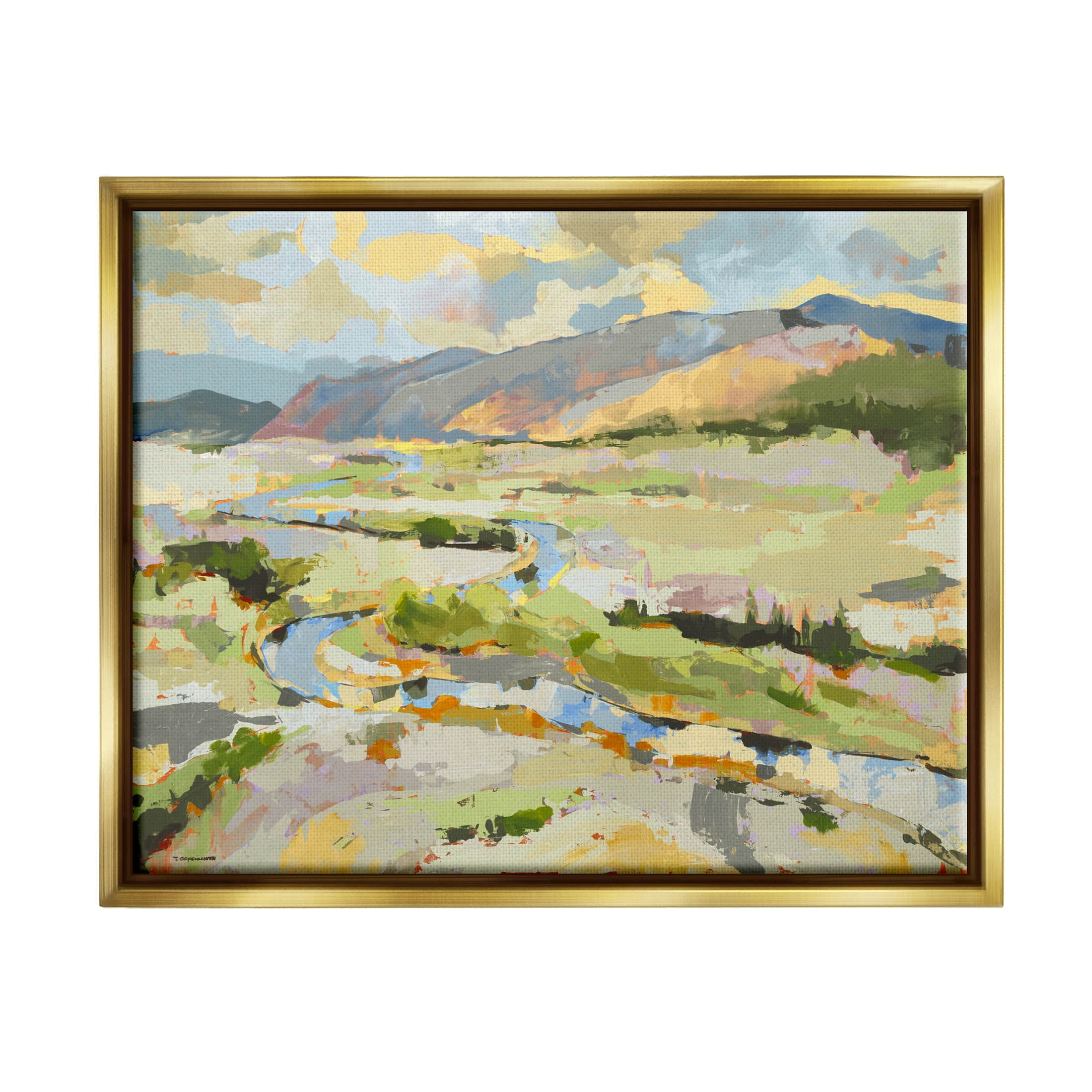 Lush Green Mountain Landscape Abstract Painting Metallic Gold Framed Art Print Wall Art