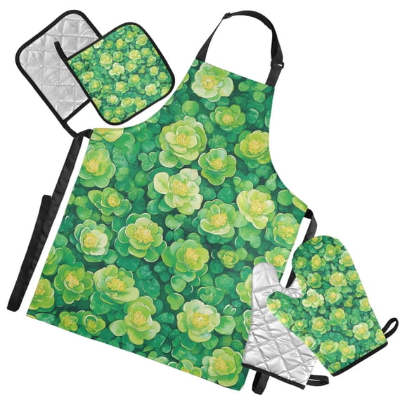 Lush Green Succulent Oven Mitts and Pot Holders with Chef Apron Set 5 Pcs Kitchen Cooking Set