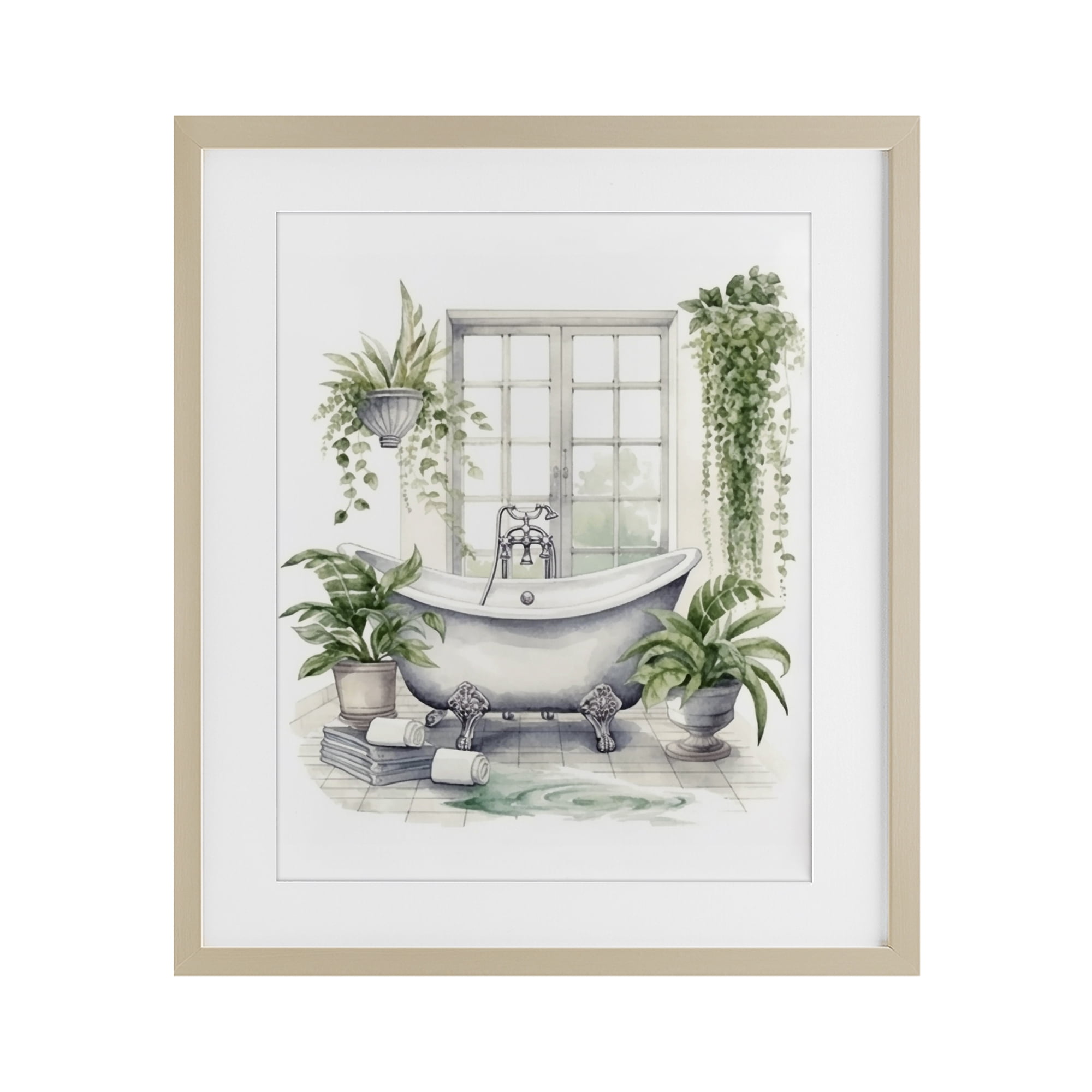 Lush Greenery Bathtub & Window Birch Framed Print Under Glass, design by Lettered and Lined