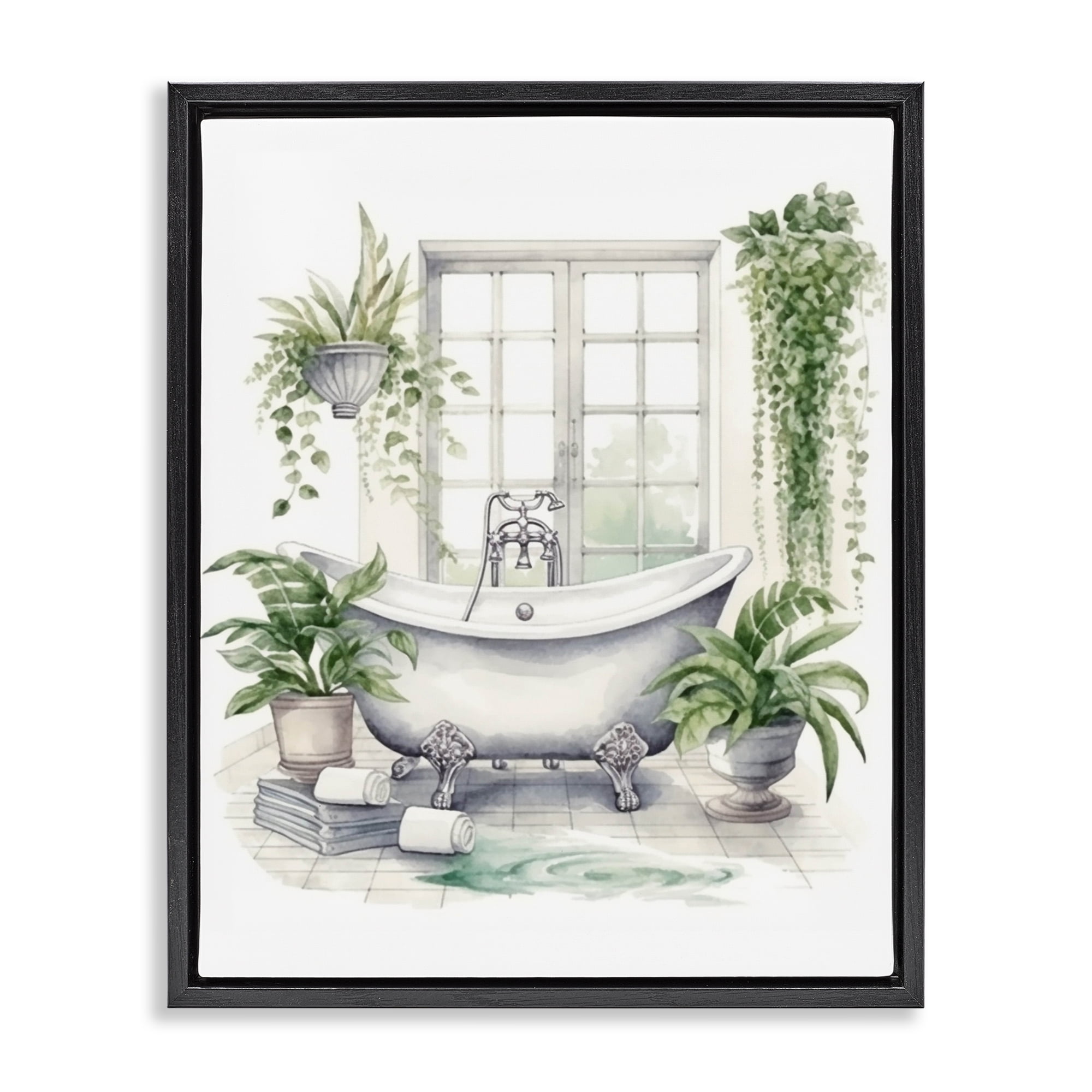 Lush Greenery Bathtub & Window Black Framed Floater Canvas Wall Art, design by Lettered and Lined
