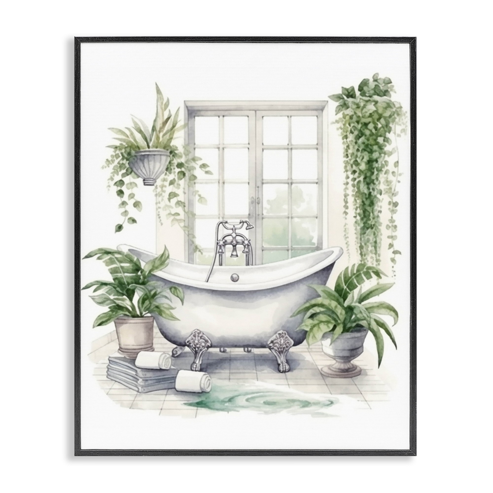 Lush Greenery Bathtub & Window Black Framed Giclee Art, design by Lettered and Lined