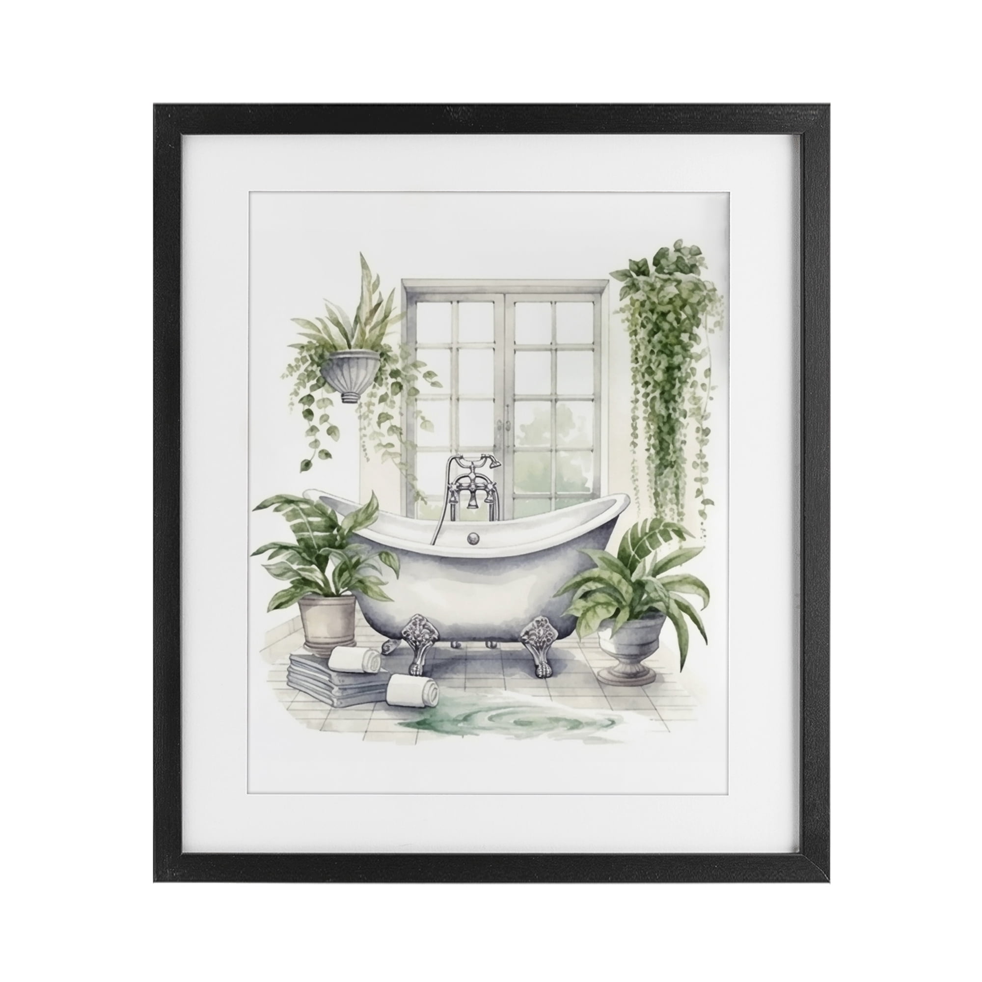 Lush Greenery Bathtub & Window Black Framed Print Under Glass, design by Lettered and Lined