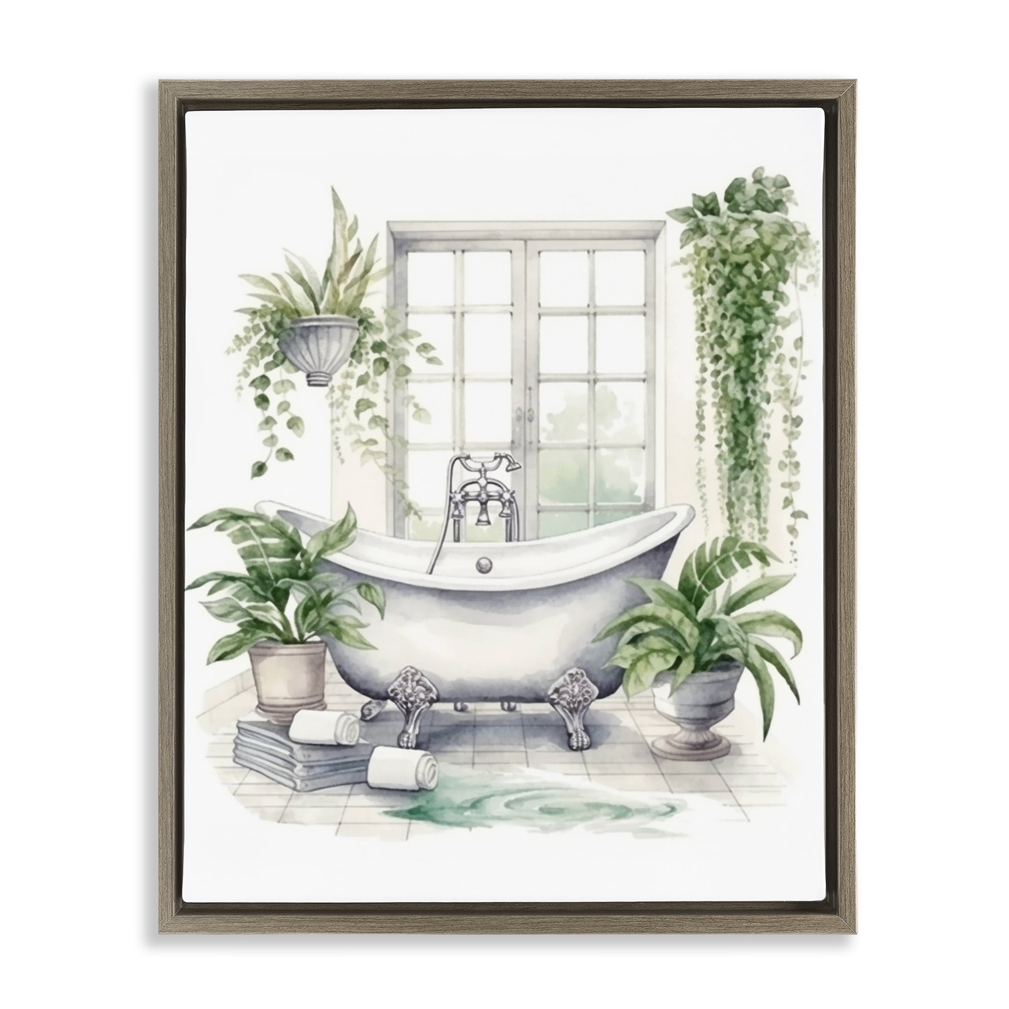 Lush Greenery Bathtub & Window Brown Framed Floater Canvas Wall Art, design by Lettered and Lined