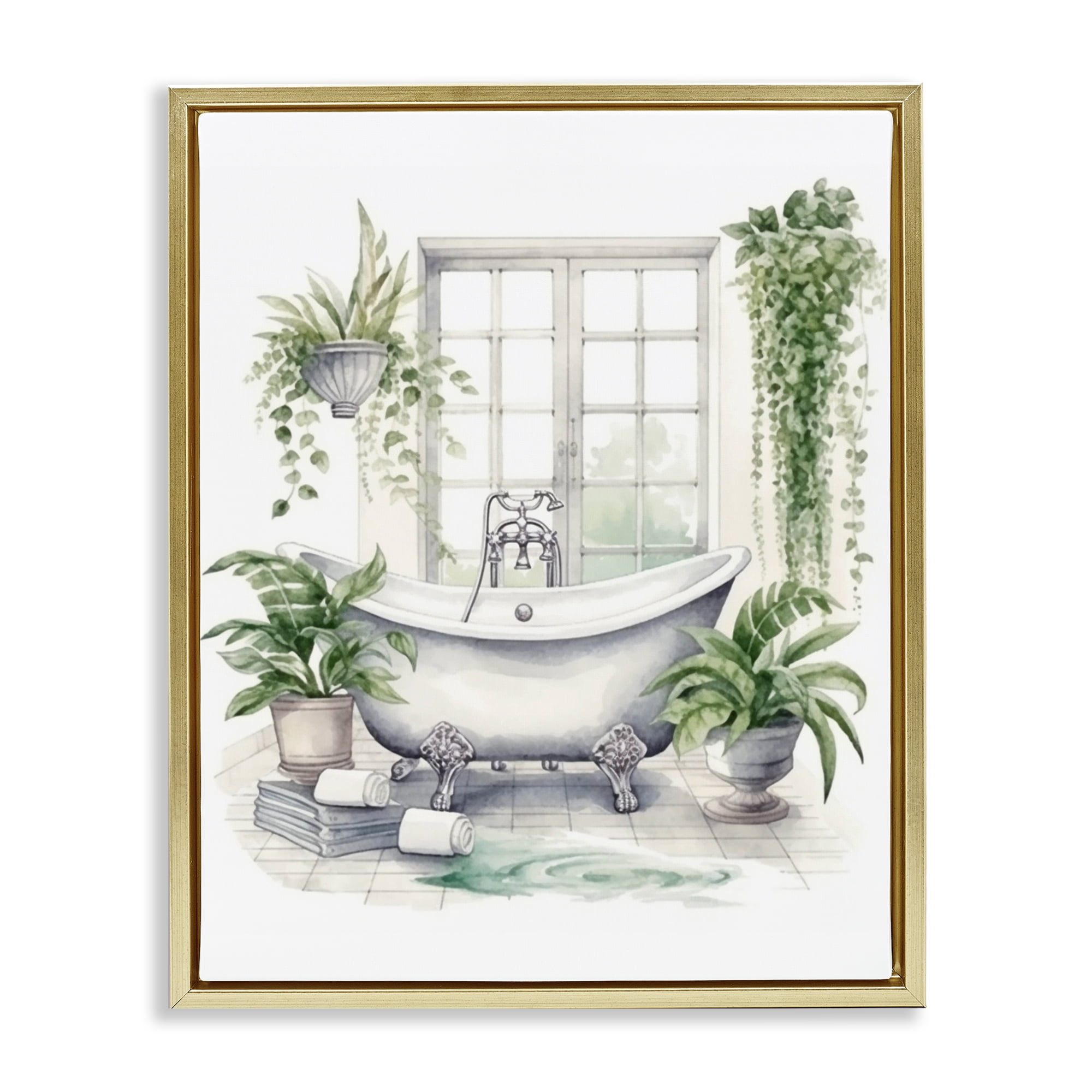 Lush Greenery Bathtub & Window Gold Framed Floater Canvas Wall Art, design by Lettered and Lined
